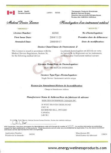 Electro Reflex Energizer Health Canada Medical Certificate